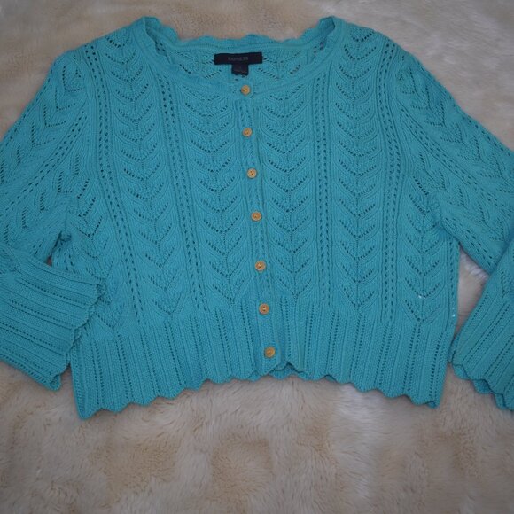 Express Teal Cropped Cotton Knit Cardigan Sweater Size Large - Picture 14 of 15
